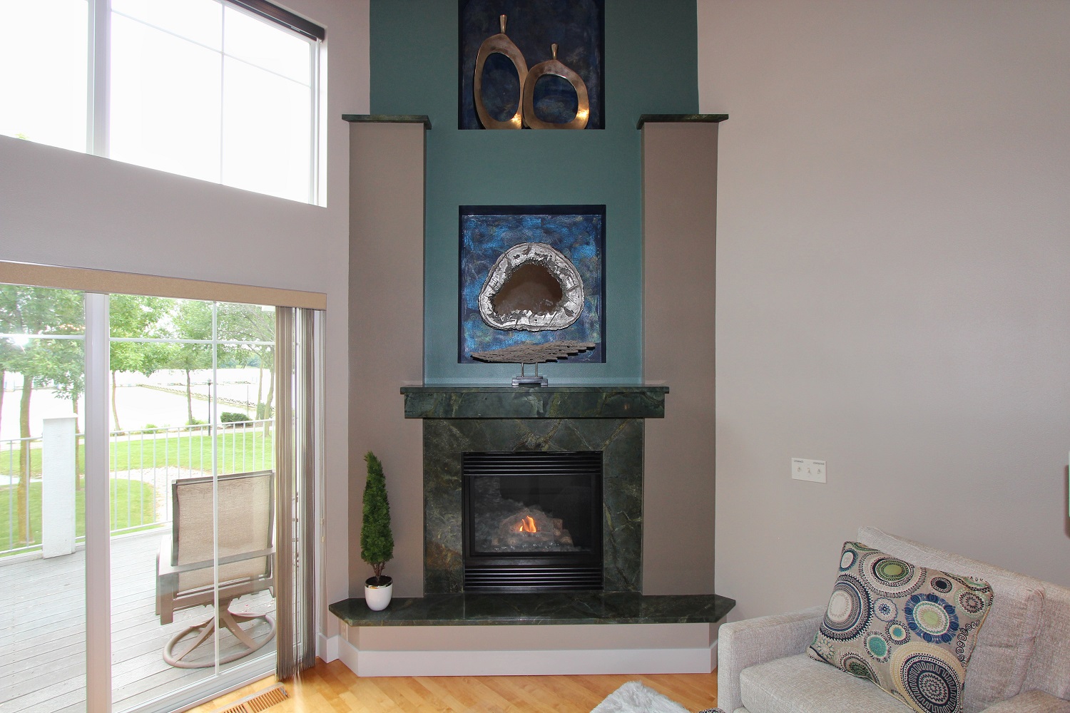 fire furnace with teal wall interior design