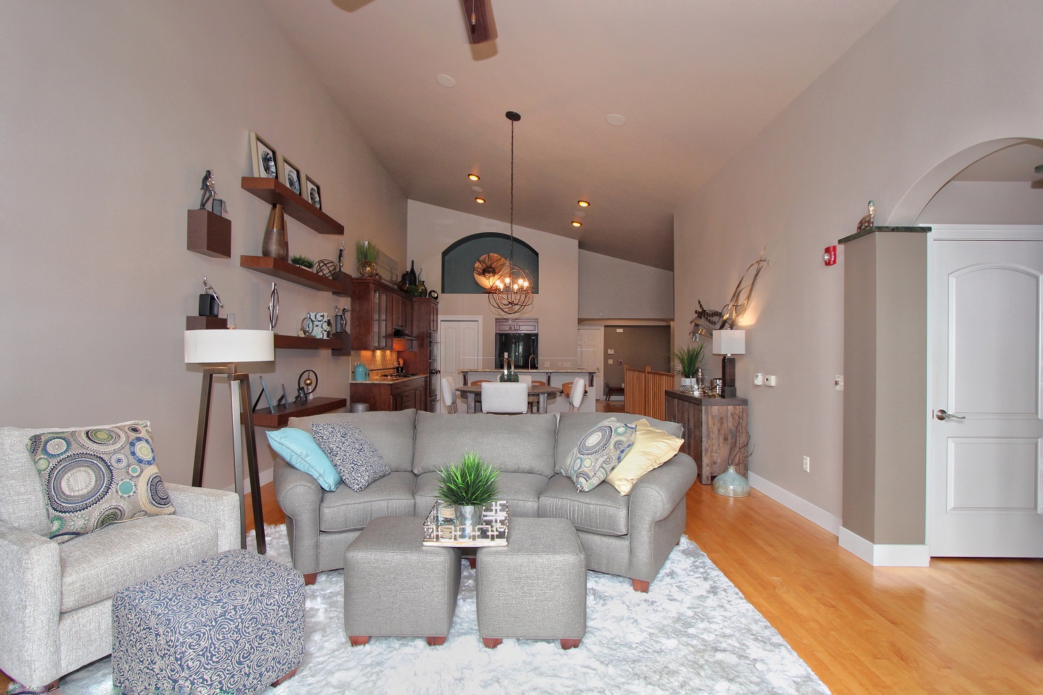 kitchen, dining and living area interior design