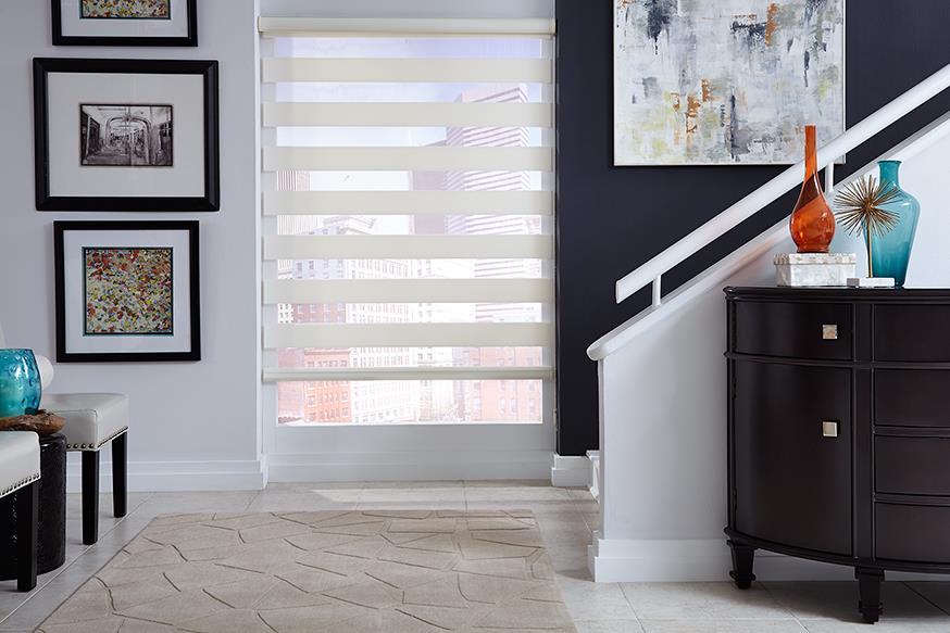 white curtains in staircase area