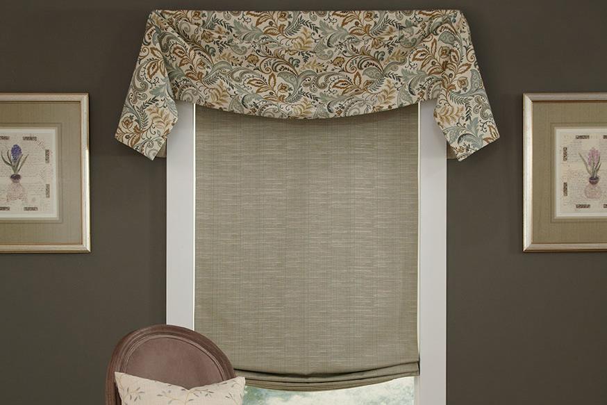 short printed curtains with solid pale dark green blinds