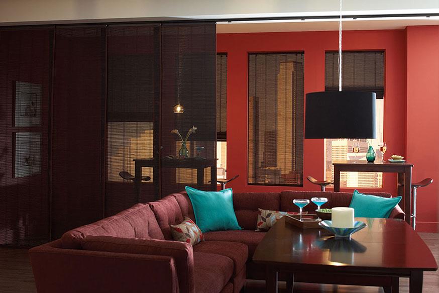 see through brown curtains in living area