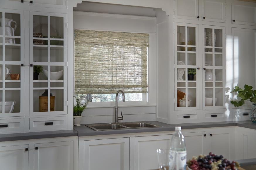 small canvas textured curtain in kitchen area